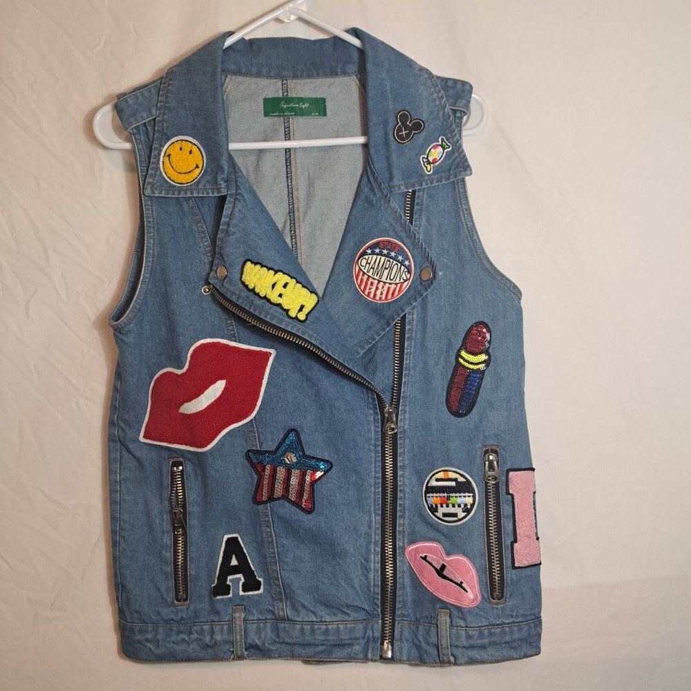 Women's SIGNATURE EIGHT punk rock vest denim jean jacket patches metal‎ S/M